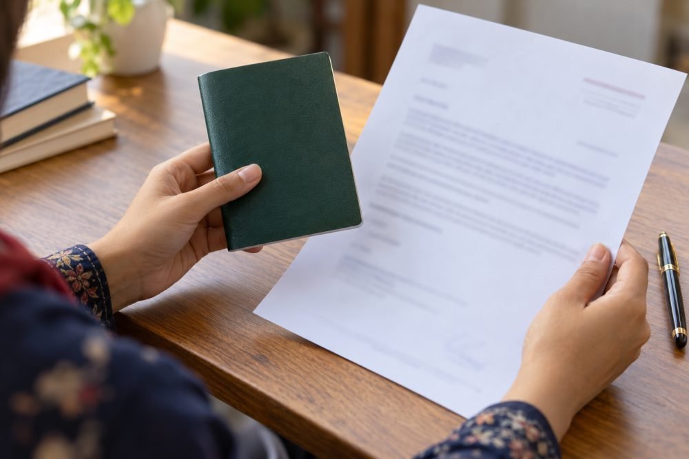 Two passports held up in a city street