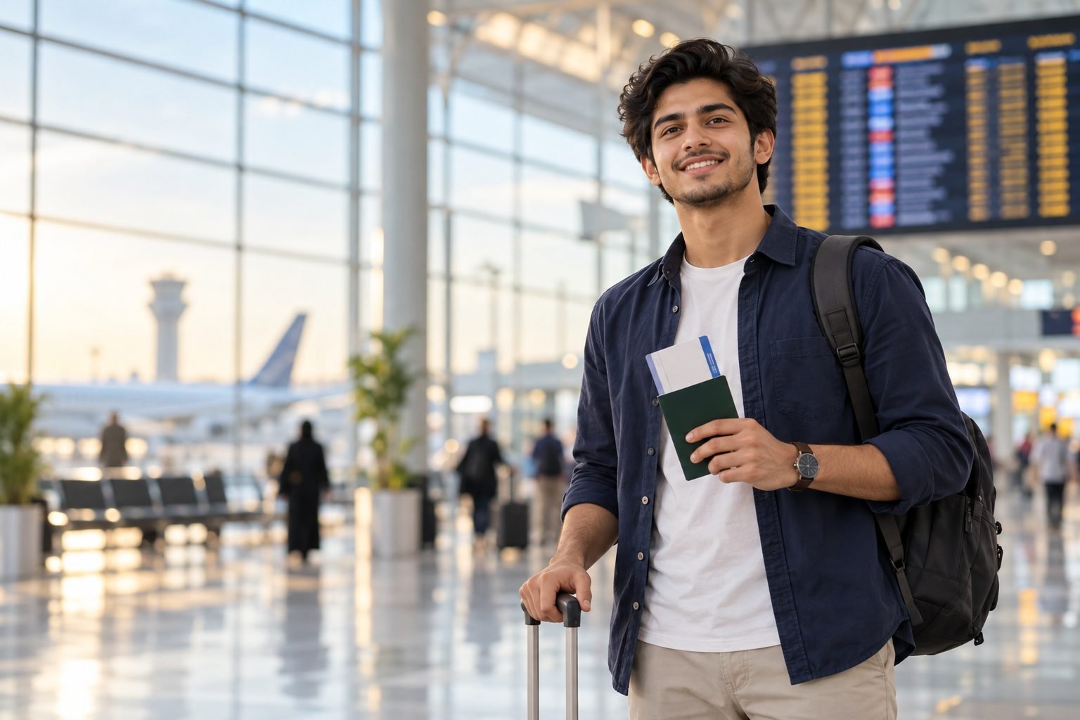 Student holding a passport and boarding pass at the airport