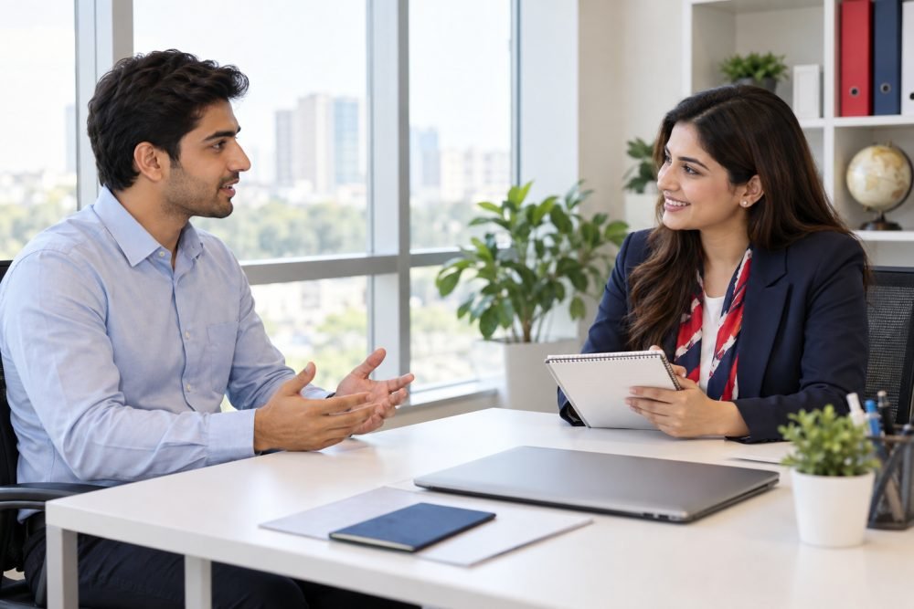 Consultant and student celebrating a successful interview practice