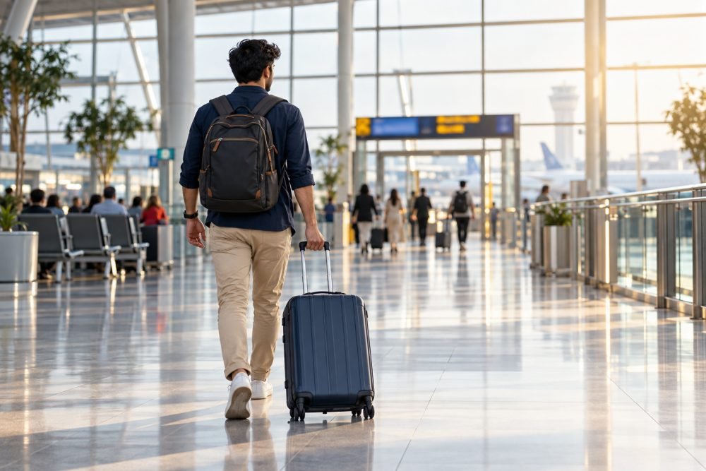 Student with a suitcase in an airport departure hall