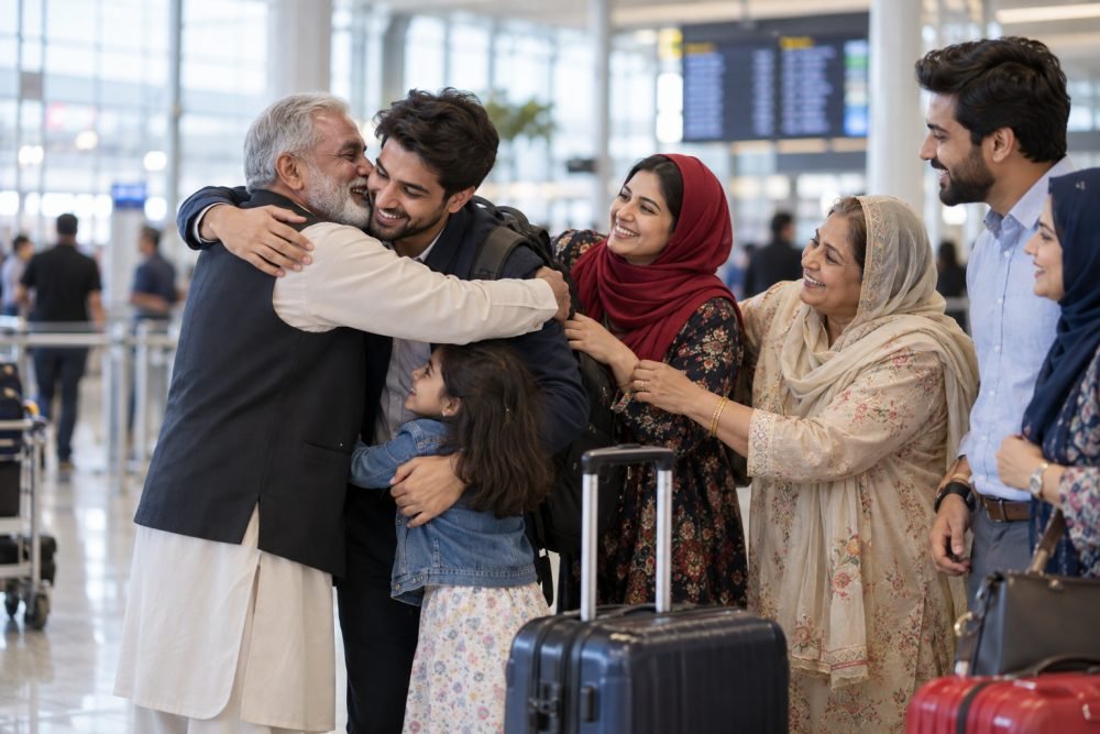Traveller with luggage arriving for a family visit